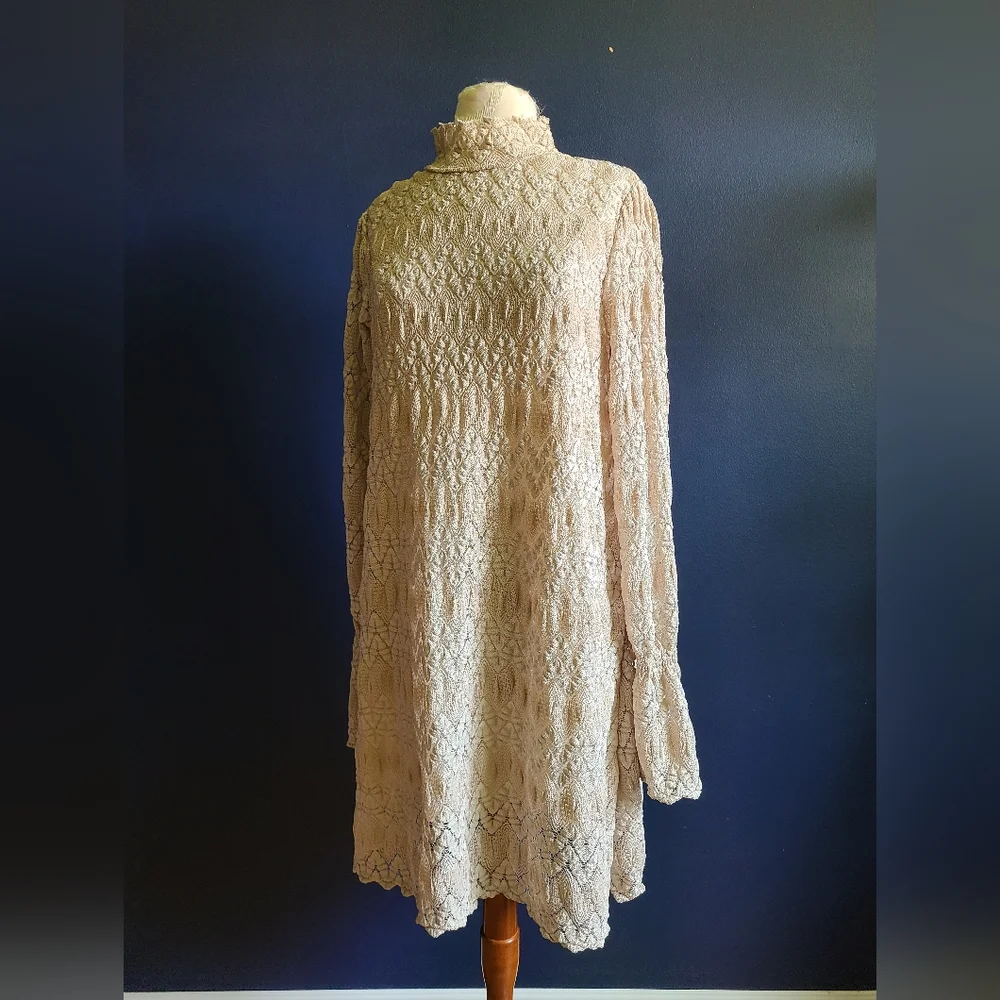 FREE PEOPLE Beige Simone Crochet Lace Shift Mini Dress Large - Picture 3 of 12